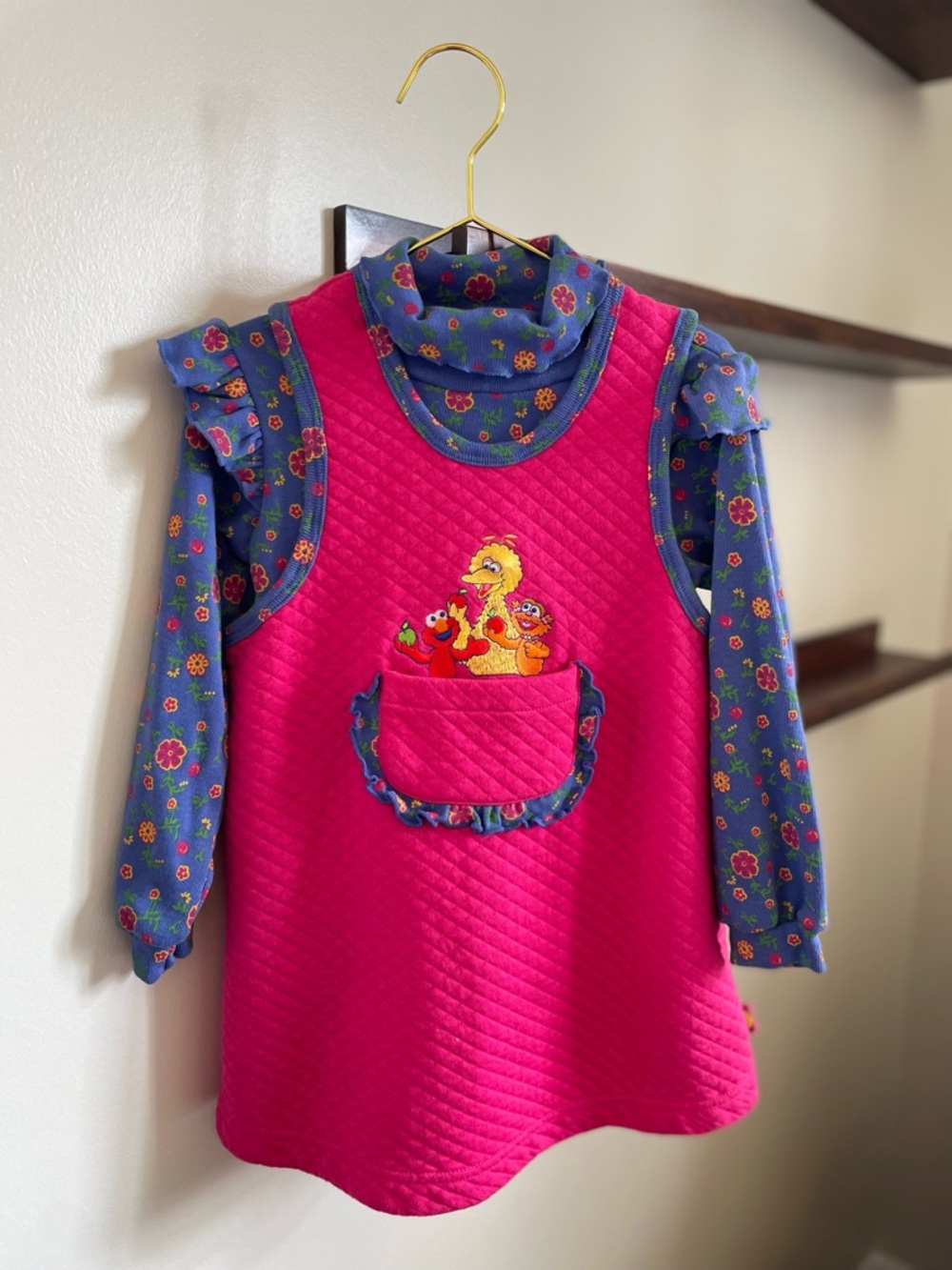 Vintage Girls Sesame Street Quilted Dress & Under Shirt 3T